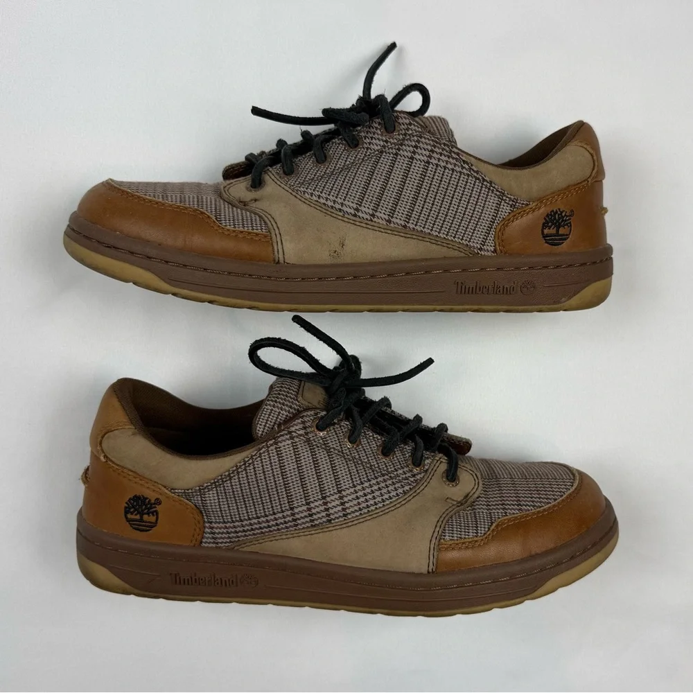Vtg Timberland Mens Deck Shoes US 9 Leather/Canvas Plaid Brown